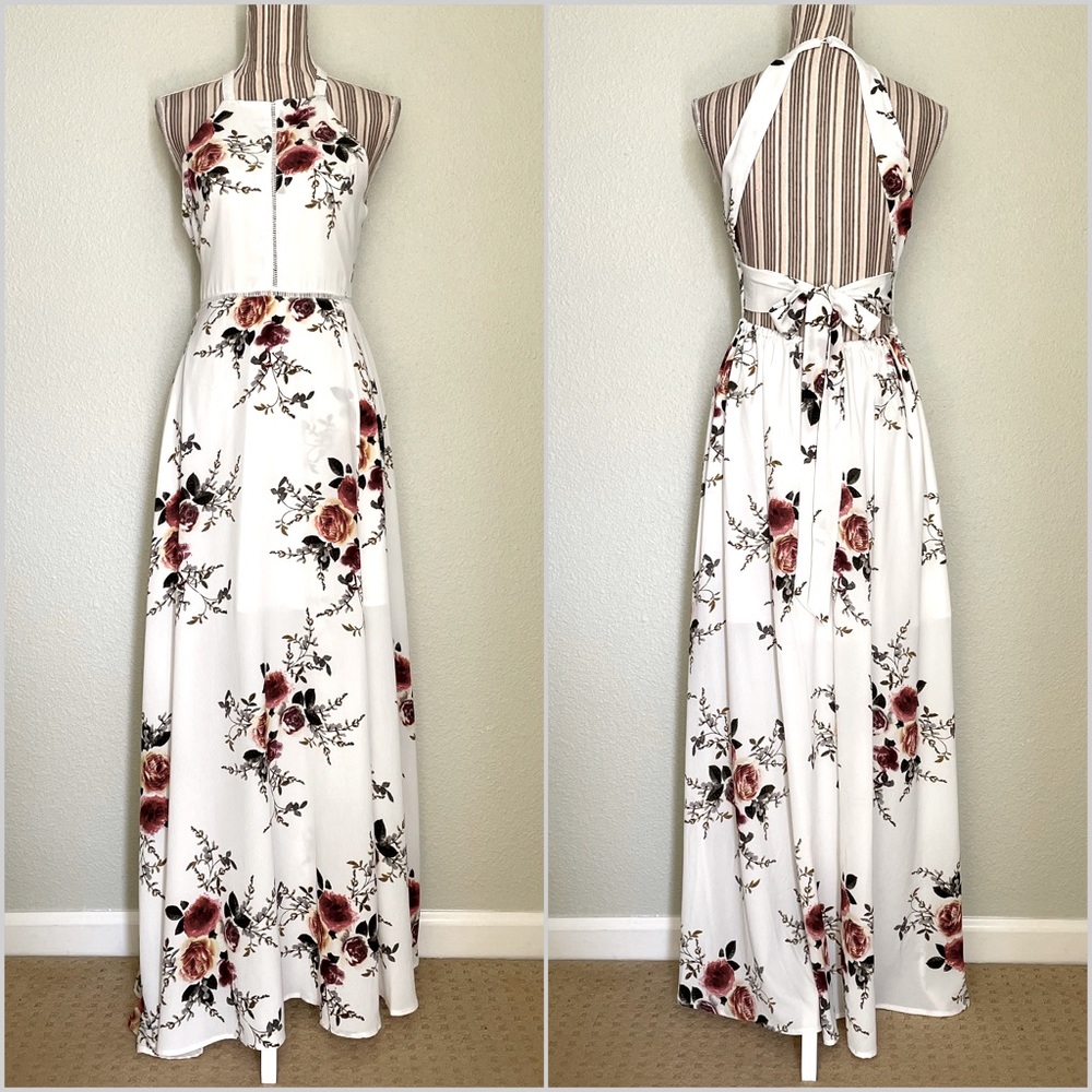YOINS Floral Print Maxi Dress White/Pink/Green S